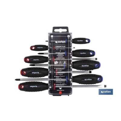 Juego de 4 destornilladores planos y 4 destornilladores Phillips | Modelo Comfort plus | En estuche especial con colgador